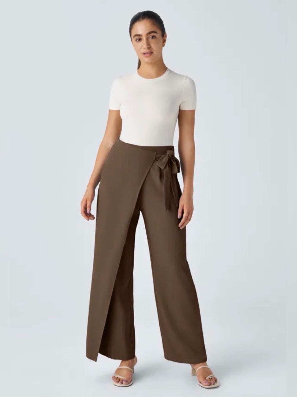 HALARA Brown Wrap-Front Wide Leg Pants with Side Tie